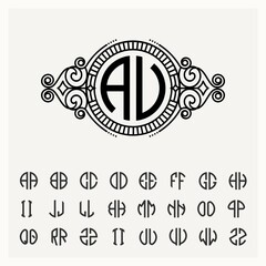 Modern emblem, badge, template. Luxury elegant frame ornament line logo design vector illustration. And set to create monograms of two letters in scribed in a circle.