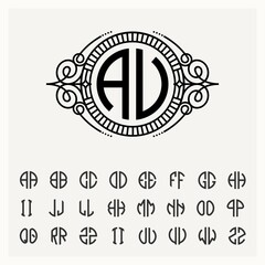 Fototapeta na wymiar Modern emblem, badge, template. Luxury elegant frame ornament line logo design vector illustration. And set to create monograms of two letters in scribed in a circle.