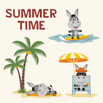 Summer time. Set happy donkey resting on beach. Collection cartoon donkey surfing, laying under palm tree, resting in sun lounger with cocktail.