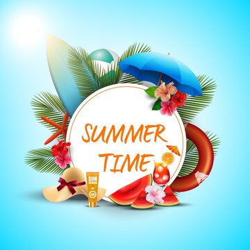 Summer time banner design with white round and beach elements 