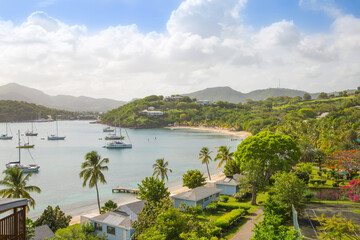 Antigua, Caribbean islands,  English harbour view with Freeman’s bay and yachts anchored by the...