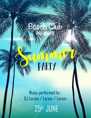 Naklejka premium Summer party poster design template with palm trees