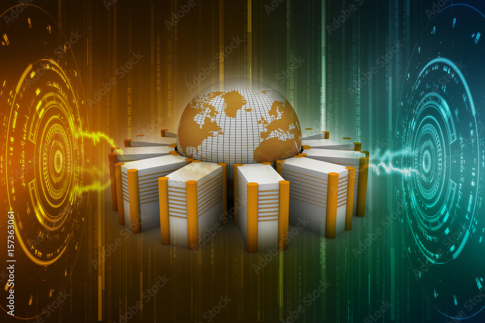 Poster 3d rendering Database storage data base with globe

