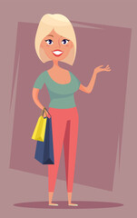 Cheerful blond girl with shopping bags. Sale, buyer, shopper. Funny cartoon character. Stock vector.