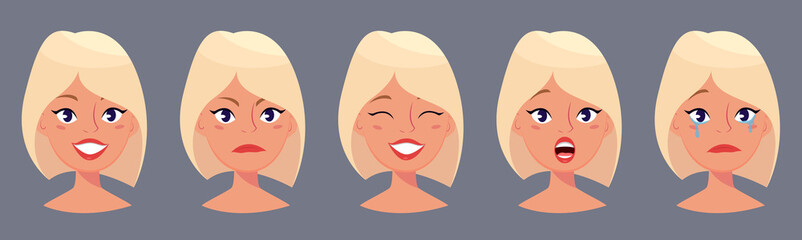 Young pretty blond woman, cute faces with different emotions. Cartoon beautiful girl. Avatar business woman. Vector illustration.