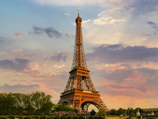 Eiffel Tower in springtime on the sunset