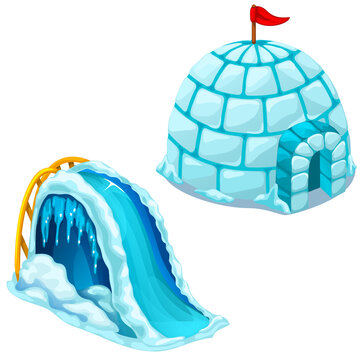 Ice house Igloo and childrens ice slide. Vector