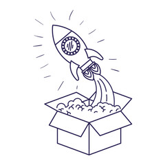 purple line contour of space rocket coming out of the box vector illustration