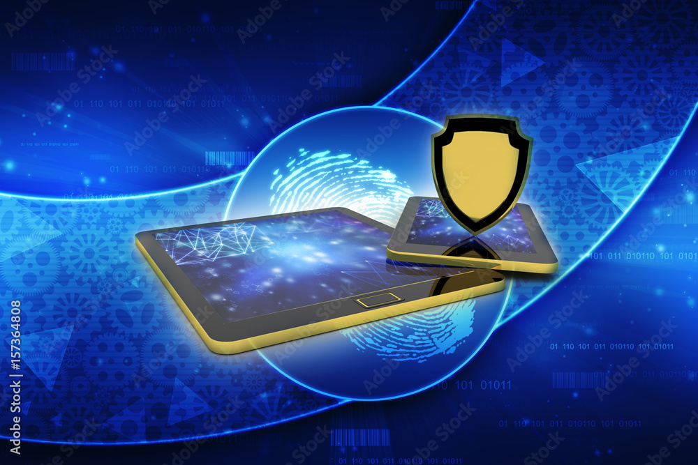 Poster 3d rendering tablet with shield