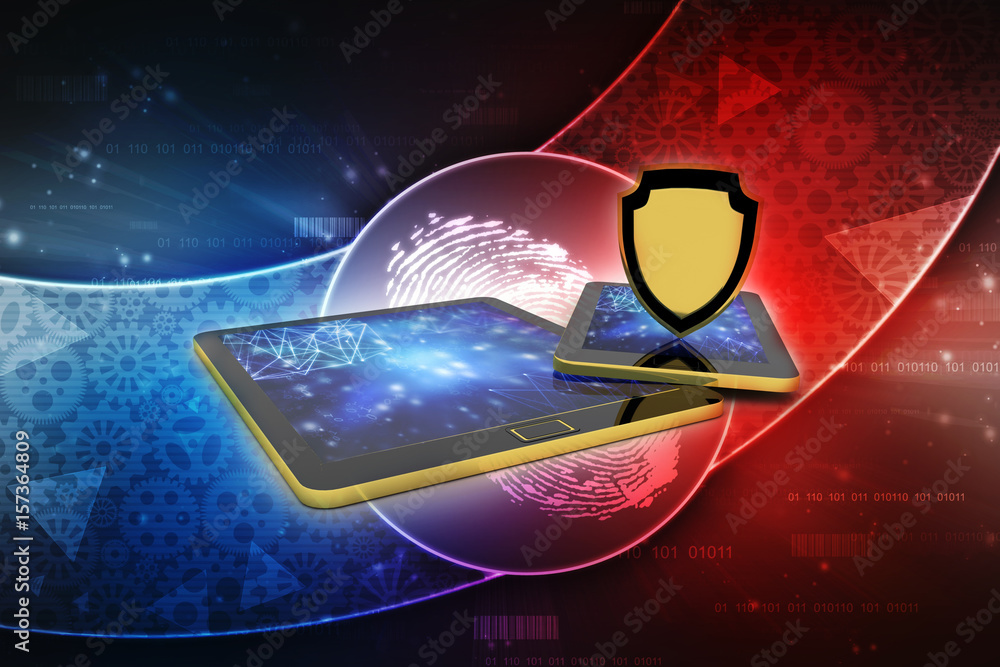 Poster 3d rendering tablet with shield