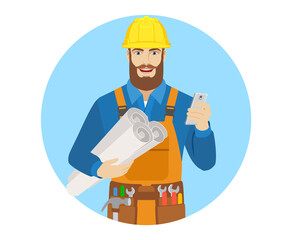 Worker with mobile phone holding the project plans