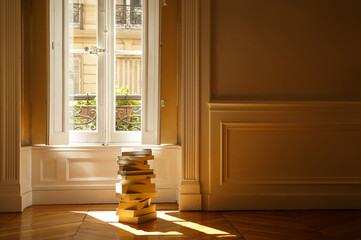 Naklejka premium Pile of books in front of a window in a sunlit, French apartment.