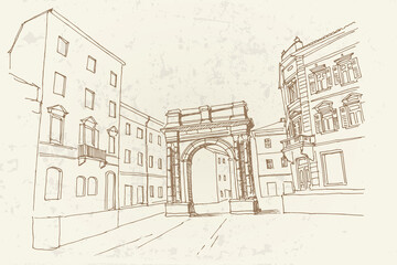 vector sketch of Arch of the Sergii (Golden gate) in Pula. Croatia