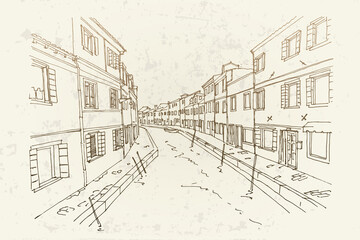 Vector sketch of architecture of Burano island, Venice, Italy. Retro style.