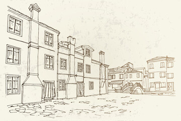 Vector sketch of architecture of Burano island, Venice, Italy. Retro style.