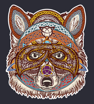 Fox color tattoo art. Fox viking in the celtic style, tattoo art. Wolf t-shirt design art animals. North tattoo. Animals in ethnic style vector