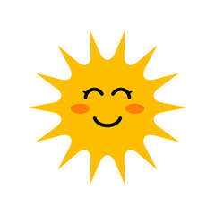 Icono plano sol con sonrisa kawaii en fondo blanco