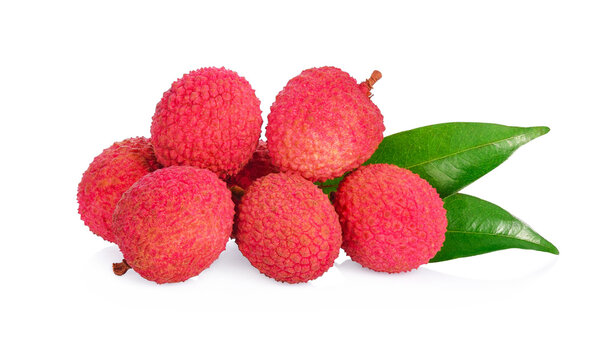 Sweet lychees fruits with leaves isolated on white background
