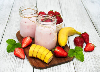 yogurt with fresh strawberries and banana