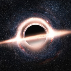Gargantua galaxy design, Graphic 3d illustration, Red wormhole or Black hole shine in space,...
