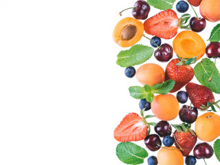 Apricot and berries isolated, top view, copy space
