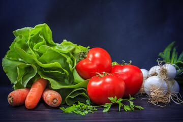 Seasonal mediterranean vegetables, meal ingredients: carrots, tomatoes, lettuce and leeks - spring onions
