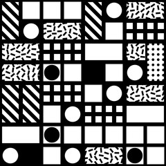 Decorative geometric shapes tiling. Monochrome irregular pattern.  Abstract black and white background. Artistic ornamental lattice