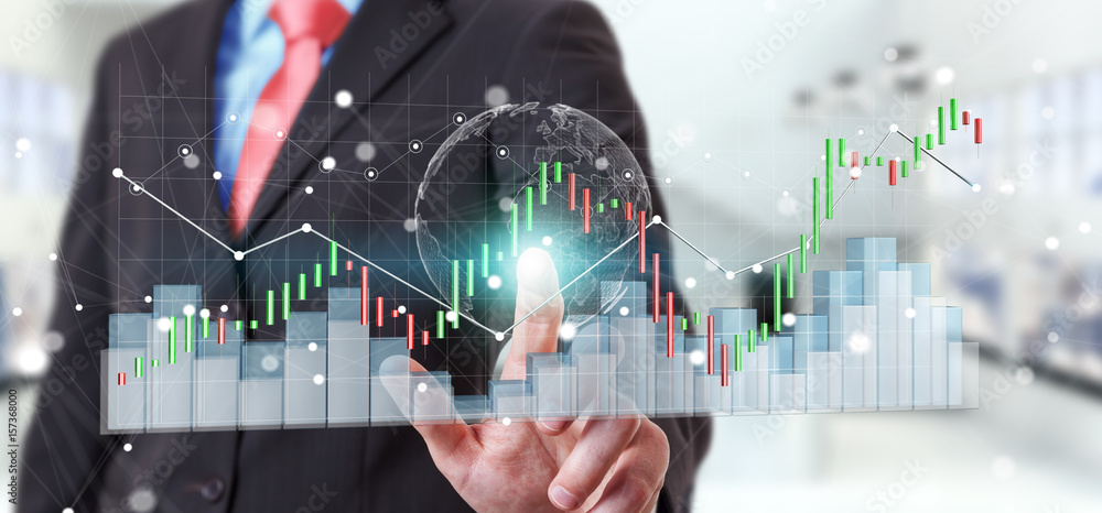 Poster businessman using digital 3d rendered stock exchange stats and charts
