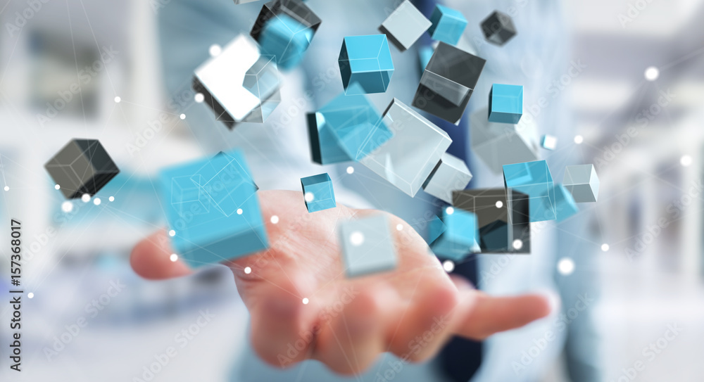 Poster businessman holding floating blue shiny cube network 3d rendering