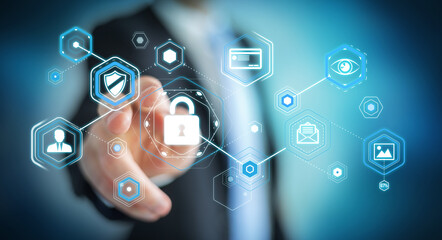 Businessman using antivirus to block a cyber attack 3D rendering