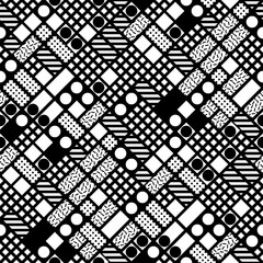 Decorative geometric shapes tiling. Monochrome irregular pattern.  Abstract black and white background. Artistic ornamental lattice