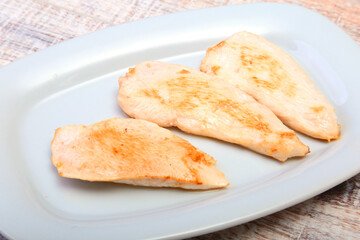 Slices of roasted chicken breast and tomato on white plate