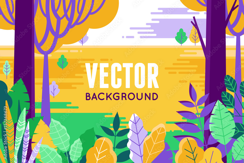 Aufkleber Vector illustration in trendy flat and linear style - background with copy space for text - plants, leaves and forest landscape