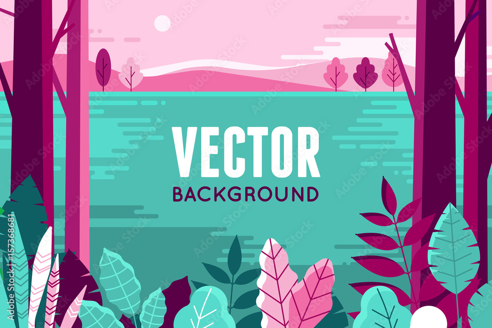 Poster Vector illustration in trendy flat and linear style - background with copy space for text - plants, leaves and forest landscape