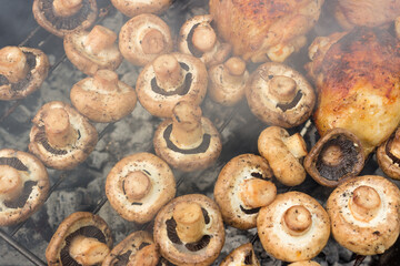 The chicken kebab and mushrooms prepared on the grill.