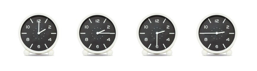 Closeup group of black and white clock with shadow for decorate show the time in 2 , 2:15 , 2:30 , 2:45 p.m. isolated on white background , beautiful 4 clock picture in different time