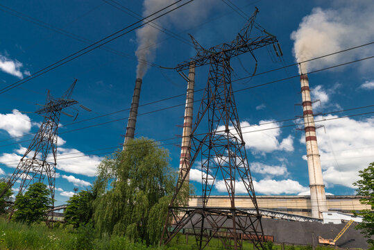 Thermal power stations and power lines. Distribution electric substation