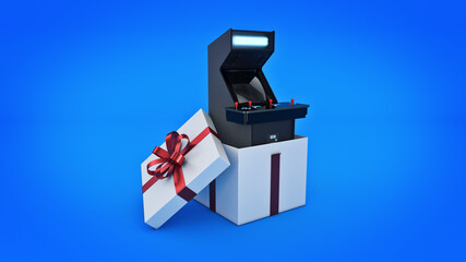 Obraz premium vintage arcade game machine. Gift box concept. 3D rendering