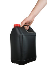 Human hand holding black plastic jerrycan on white background