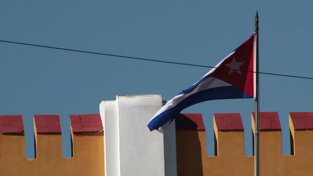 Flag of Cuba flying over Moncada Barracks in Santiago of Cuba