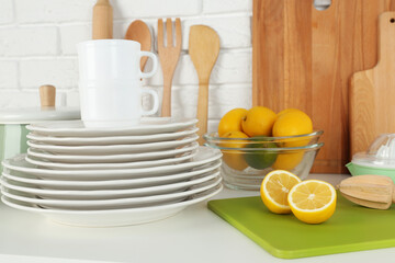 Kitchen utensils and cookware for cooking classes on table