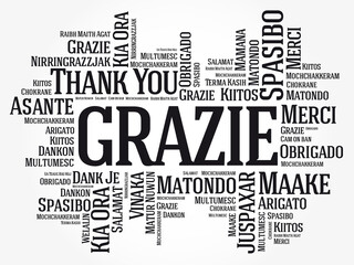 Fototapeta premium Grazie (Thank You in Italian) Word Cloud background, all languages, multilingual for education or thanksgiving day
