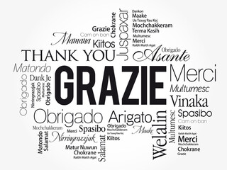 Grazie (Thank You in Italian) Word Cloud background, all languages, multilingual for education or thanksgiving day