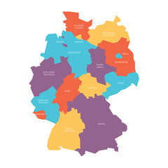 Map of Germany devided to 13 federal states and 3 city-states - Berlin, Bremen and Hamburg, Europe. Simple flat vector map in four colors with white labels.