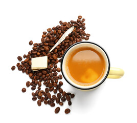 Composition with tasty butter coffee on white background