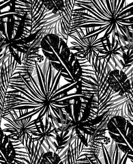 Seamless trendy black pattern with exotic palm leaves on a white background. Vector botanical illustration