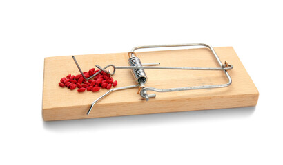 Mouse trap with rat poison on white background