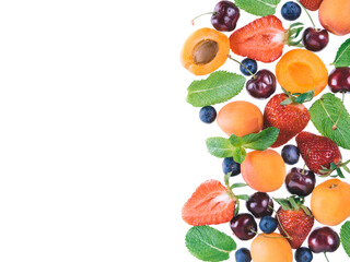 Apricot and berries isolated, top view, copy space