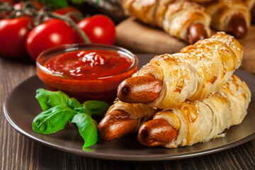 Rolled hot dog sausages baked in puff pastry