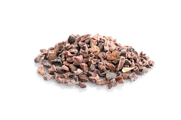 Heap of cocoa nibs on white background